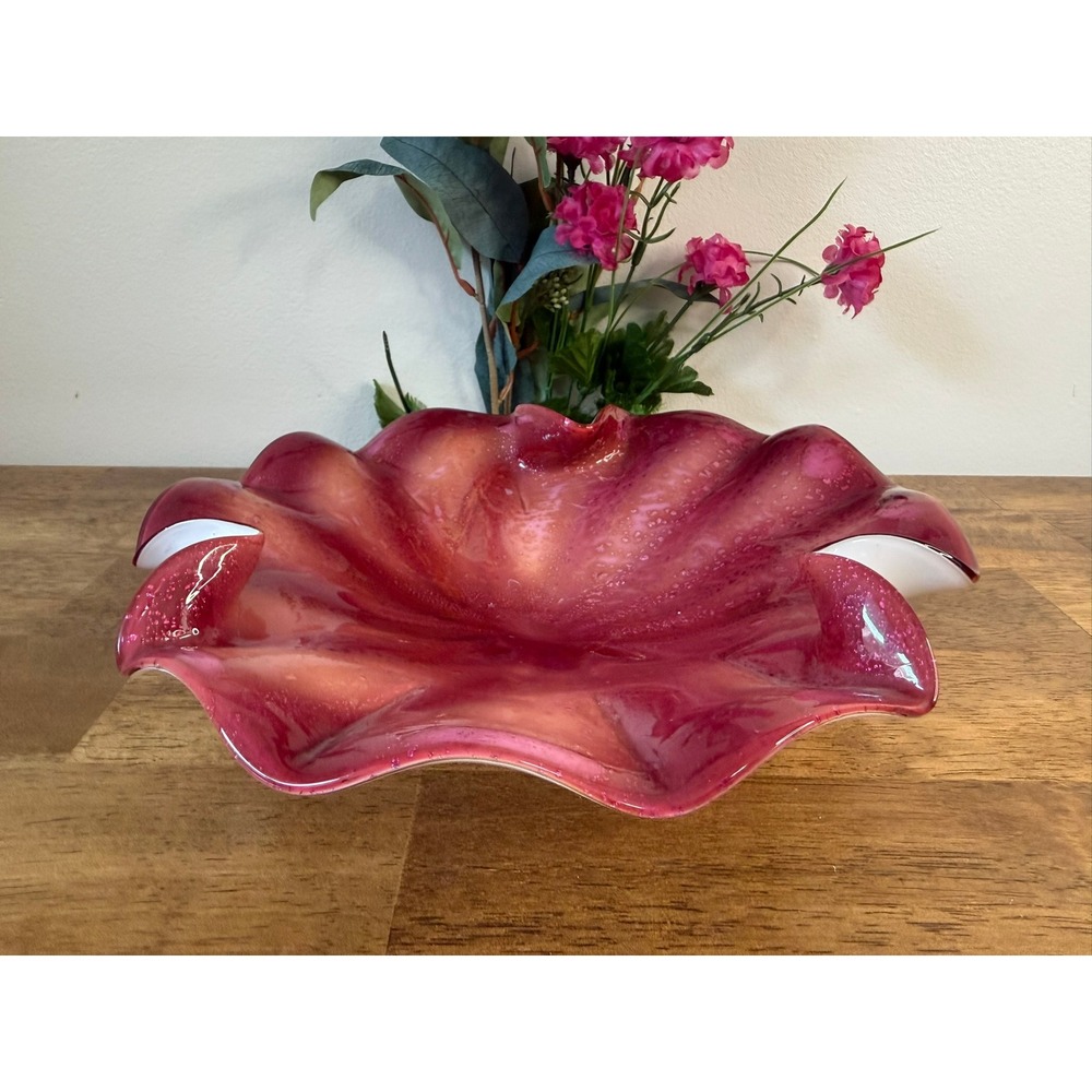 Vintage Cranberry Opalescent Art Glass Ruffled Bowl Aventurine Fleck Centerpiece